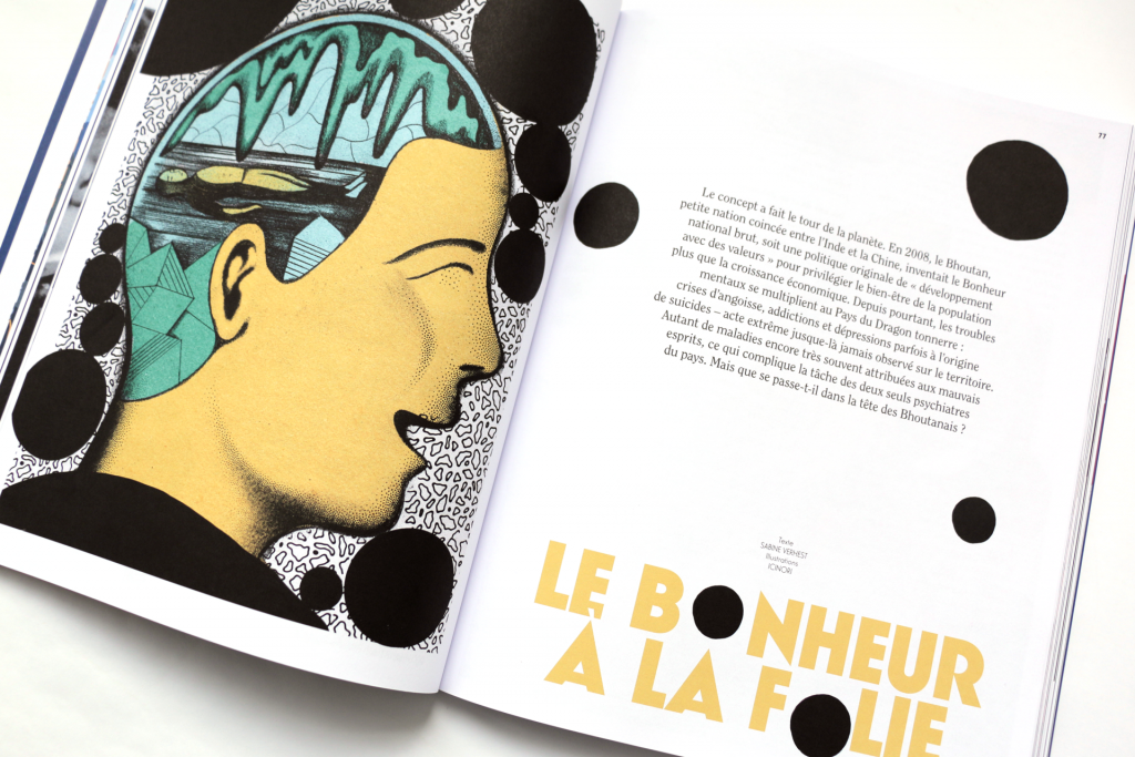 24h01 N°6 — Article : Le bonheur à la folie — Textes : Sabine Verhest. Illustration : ICINORI